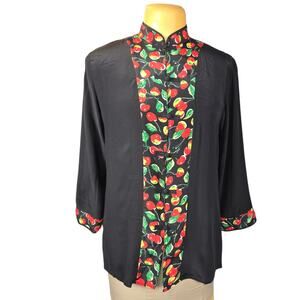 Beat Rice Women's 100% Silk Top Medium Black Cherry Print Mandarin Collar Italy